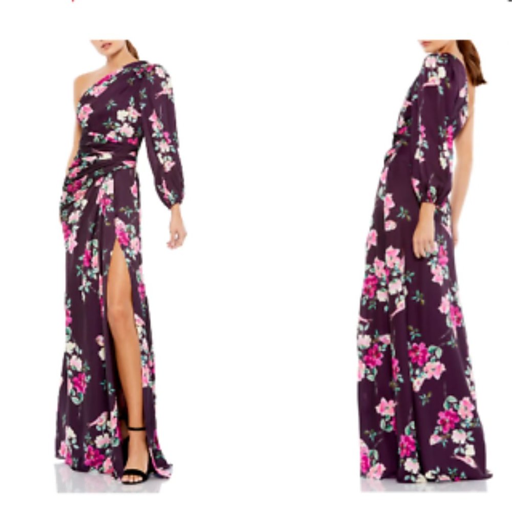 MAC DUGGAL ONE SHOULDER LONG SLEEVE PLUM FLORAL GOWN sz XS